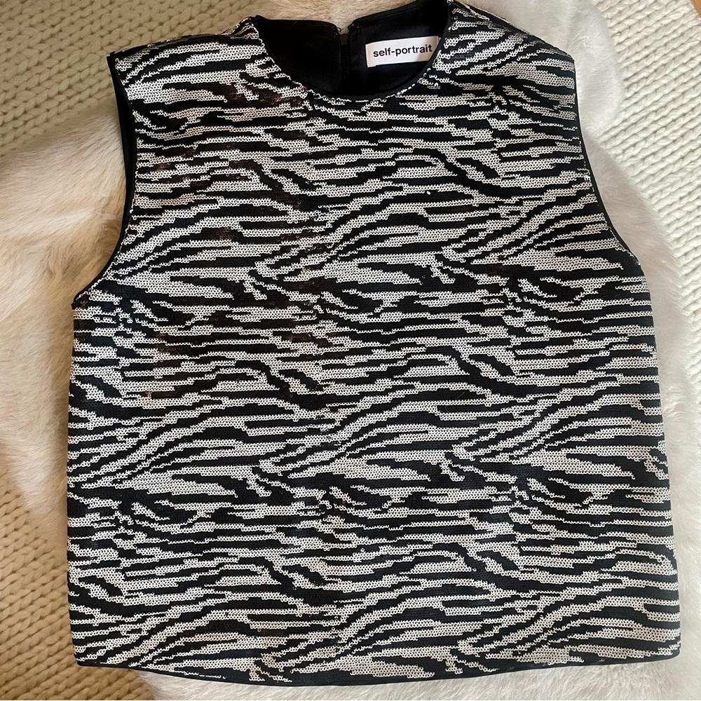 Self-Portrait Zebra Print Sequin top